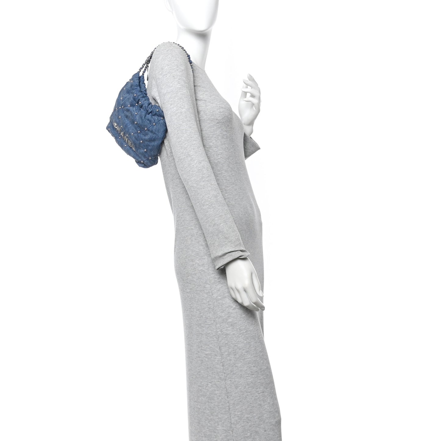Washed Denim Quilted Studded Mini Chanel 22 Blue
