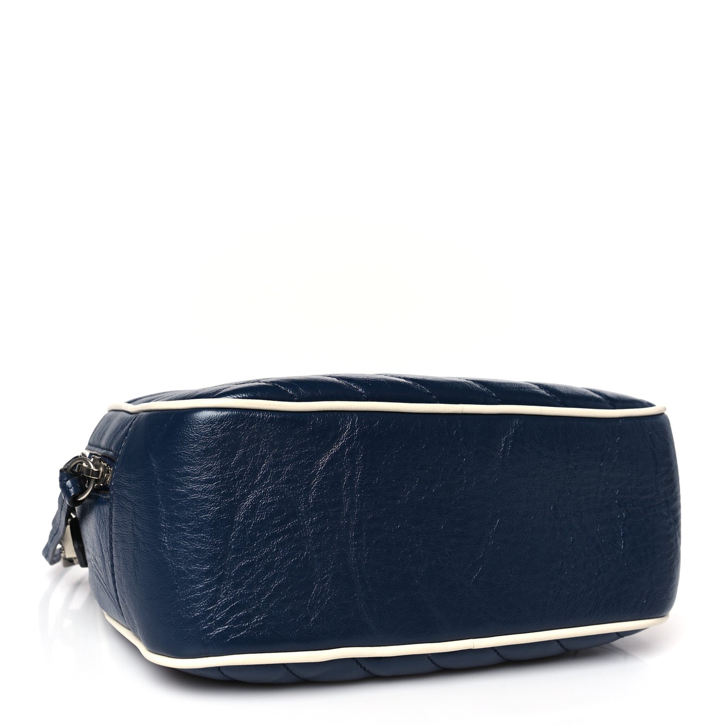 Vintage Effect Calfskin Matelasse Diagonal Small Torchon GG Marmont Bamboo Top Handle Shoulder Bag Blue Agata Mystic White