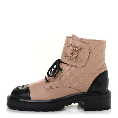 Chanel Shiny Lambskin Quilted Lace Up Combat Boots 37.5 Beige Black 1 of 7