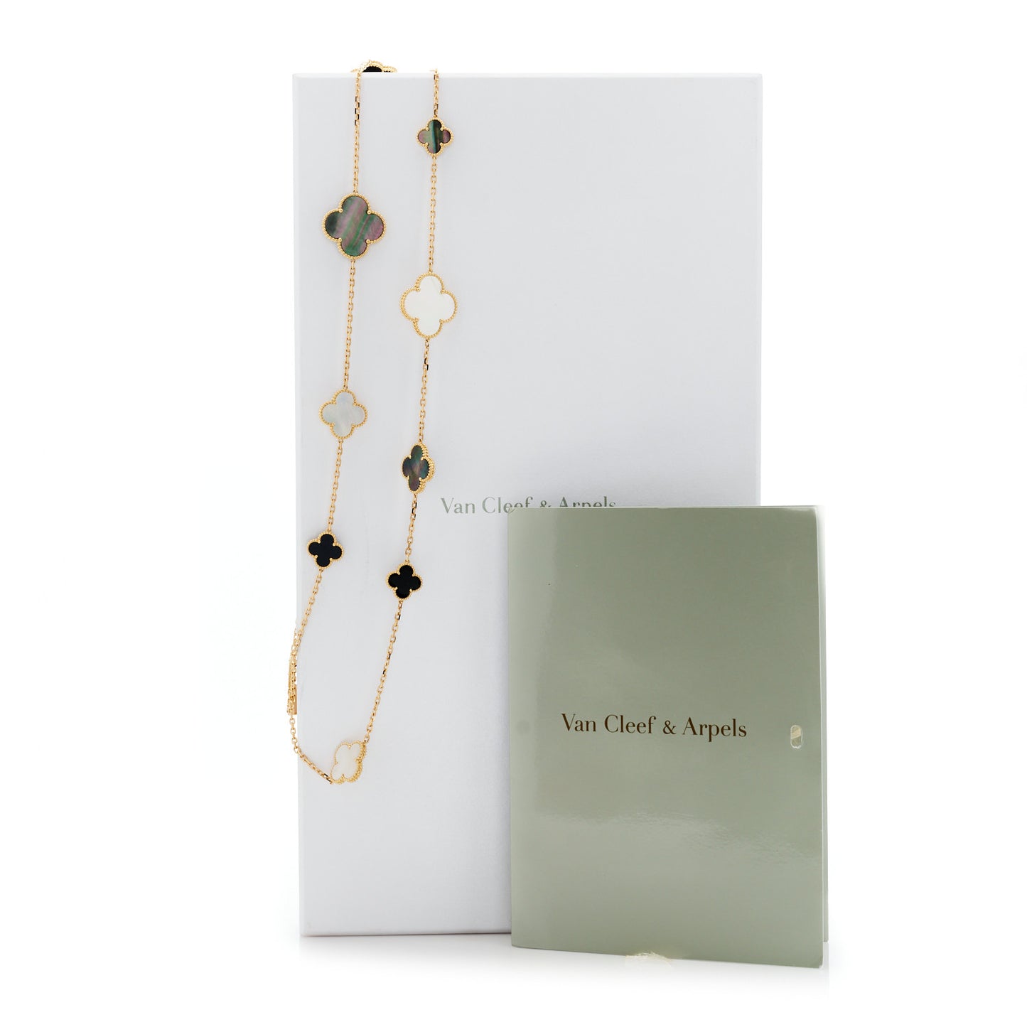18K Yellow Gold Onyx Mother of Pearl 16 Motifs Magic Alhambra Necklace