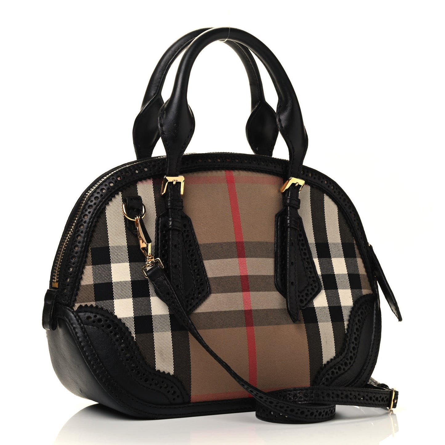 House Check Calfskin Broguing Small Orchard Bowling Bag Black