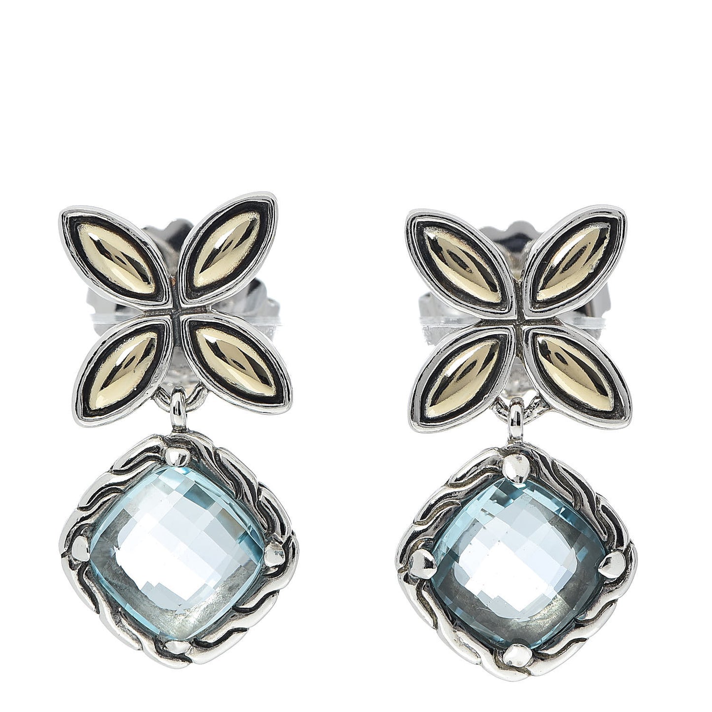 Sterling Silver 18K Yellow Gold Blue Topaz Batu Kawung Drop Earrings