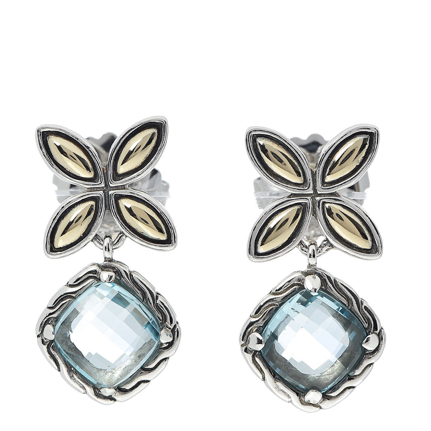 John Hardy Sterling Silver 18K Yellow Gold Blue Topaz Batu Kawung Drop Earrings 1 of 4