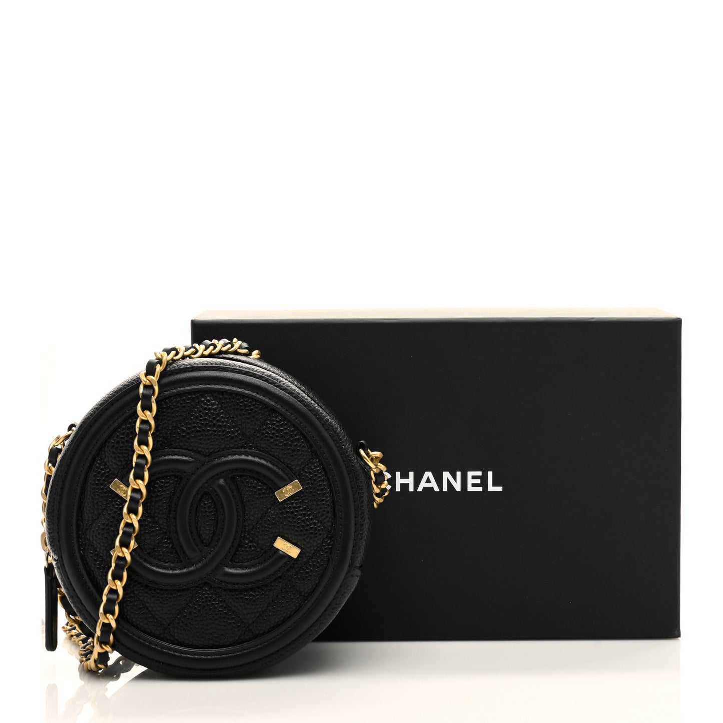Caviar Quilted Round Filigree Crossbody Black
