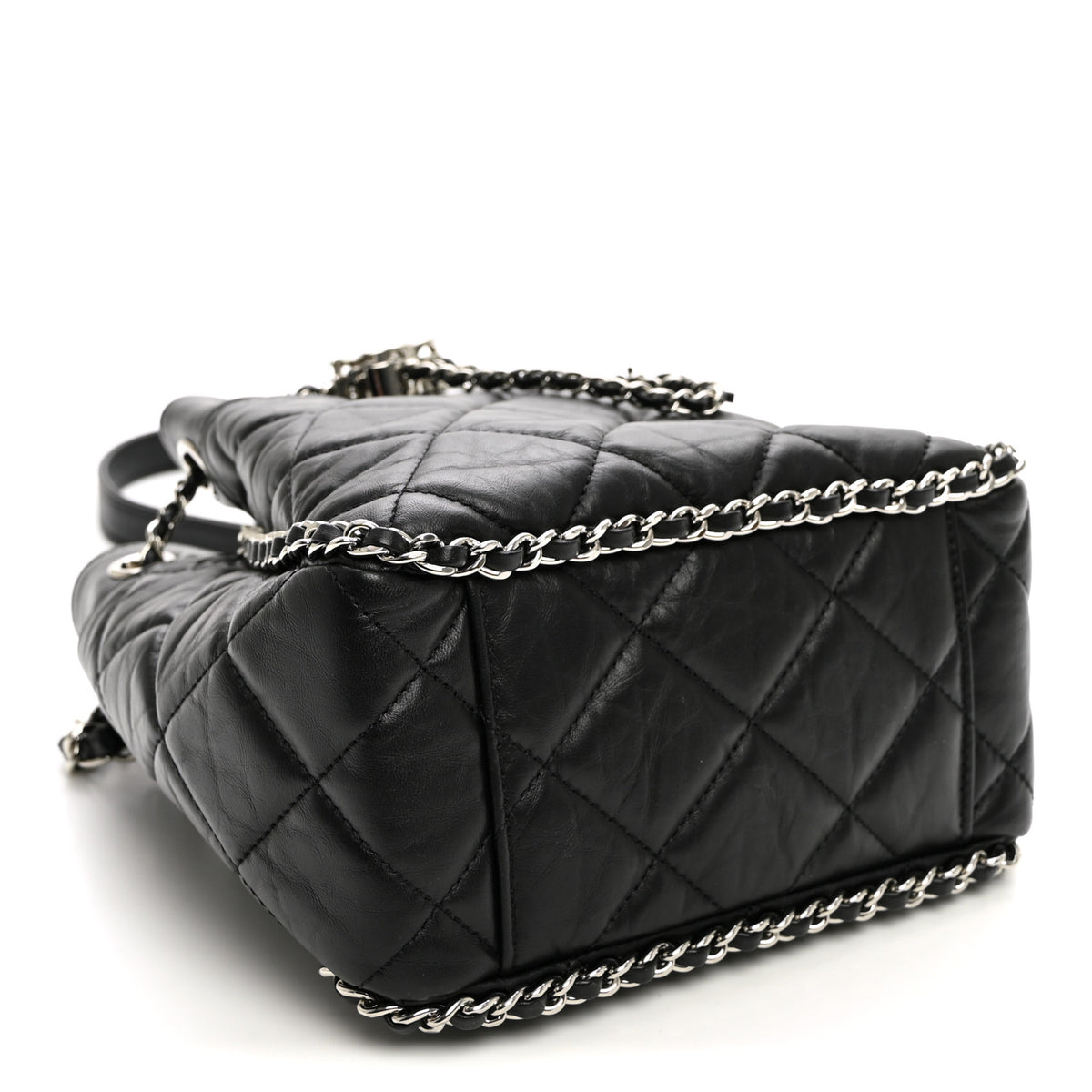 Chanel Crumpled Calfskin Quilted Chain All Over Drawstring Bucket Bag Black 4 of 10