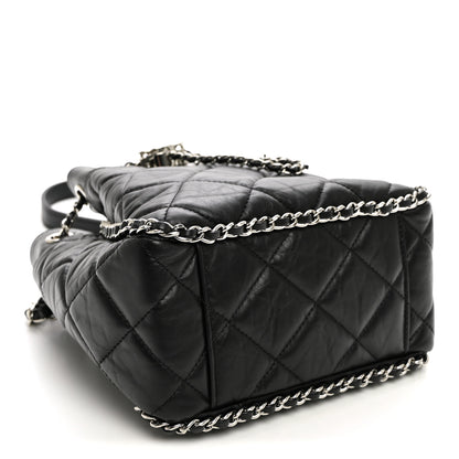 Chanel Crumpled Calfskin Quilted Chain All Over Drawstring Bucket Bag Black 4 of 10