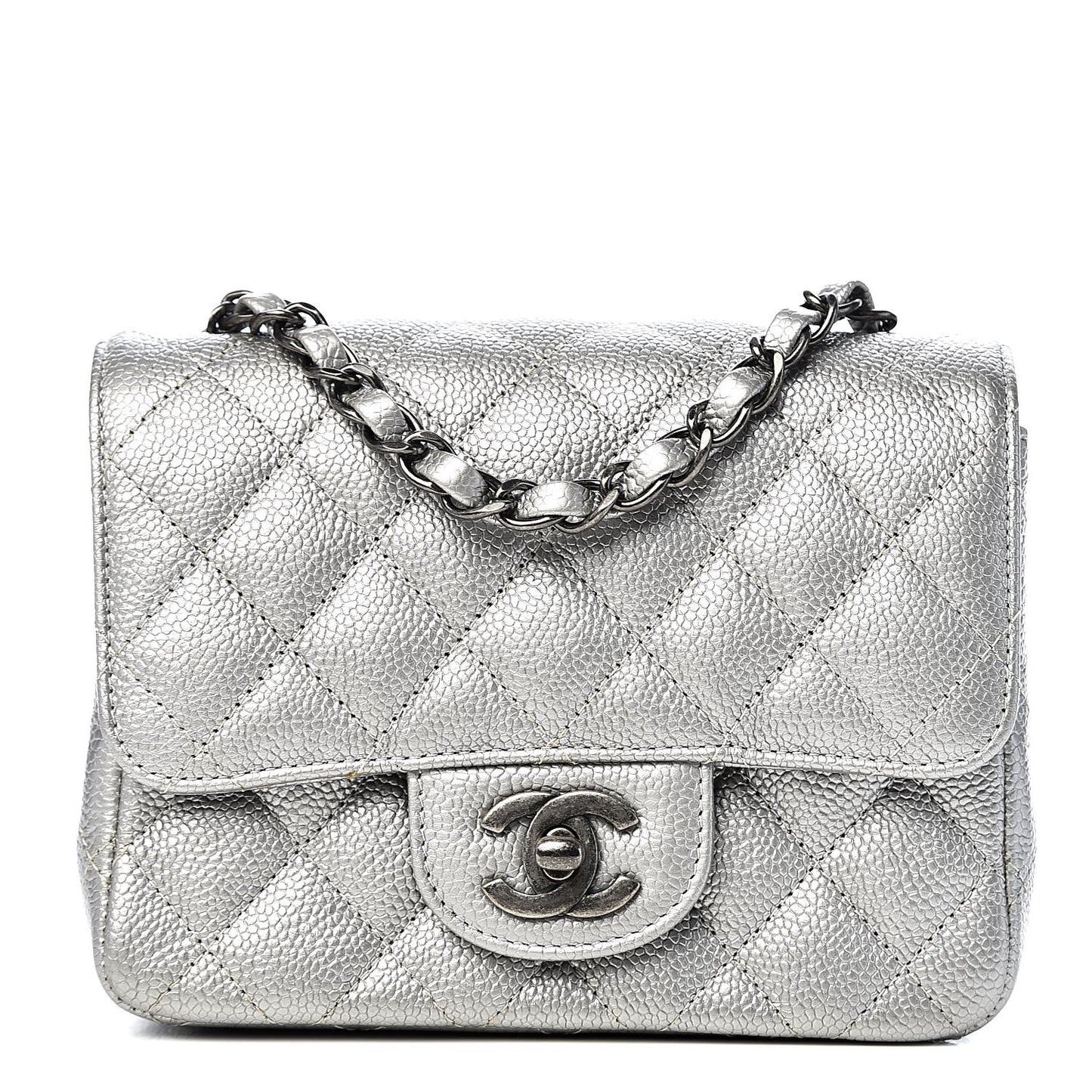 Metallic Caviar Quilted Mini Square Flap Silver