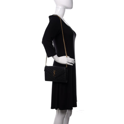 Saint Laurent Grain De Poudre Matelasse Chevron Monogram Chain Wallet Black 2 of 18
