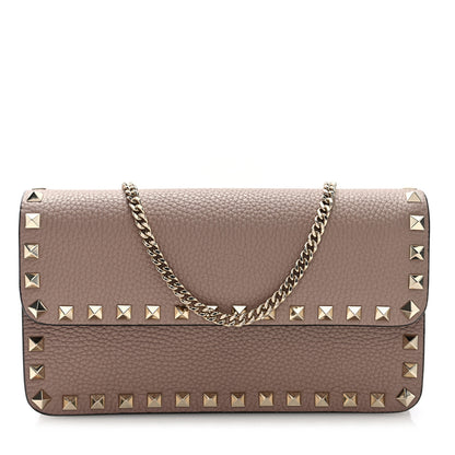 Valentino Garavani Pebbled Calfskin Rockstud Flap Wallet On Chain Poudre 1 of 10