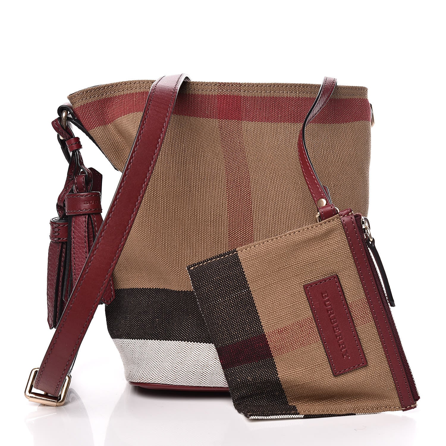 Burberry Canvas Mega Check Mini Ashby Tassel Crossbody Burgundy Red 1 of 15
