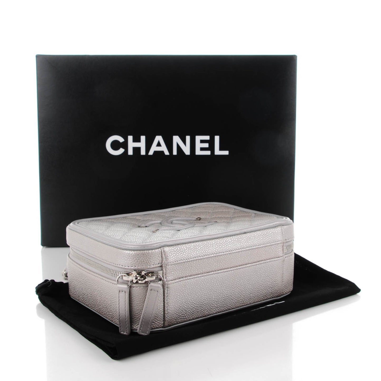 Metallic Caviar Quilted Medium CC Filigree Vanity Case Silver