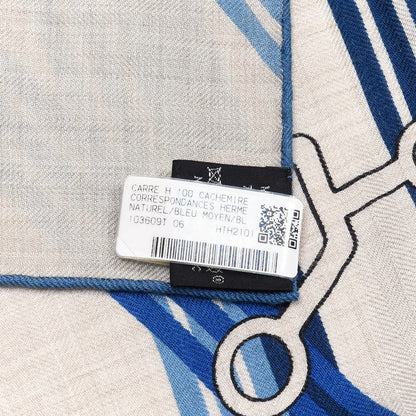 Hermes Cashmere Silk Correspondance Hermes-Paris Scarf 100 Naturel Bleu Moyen Bleu Emeraude 4 of 4