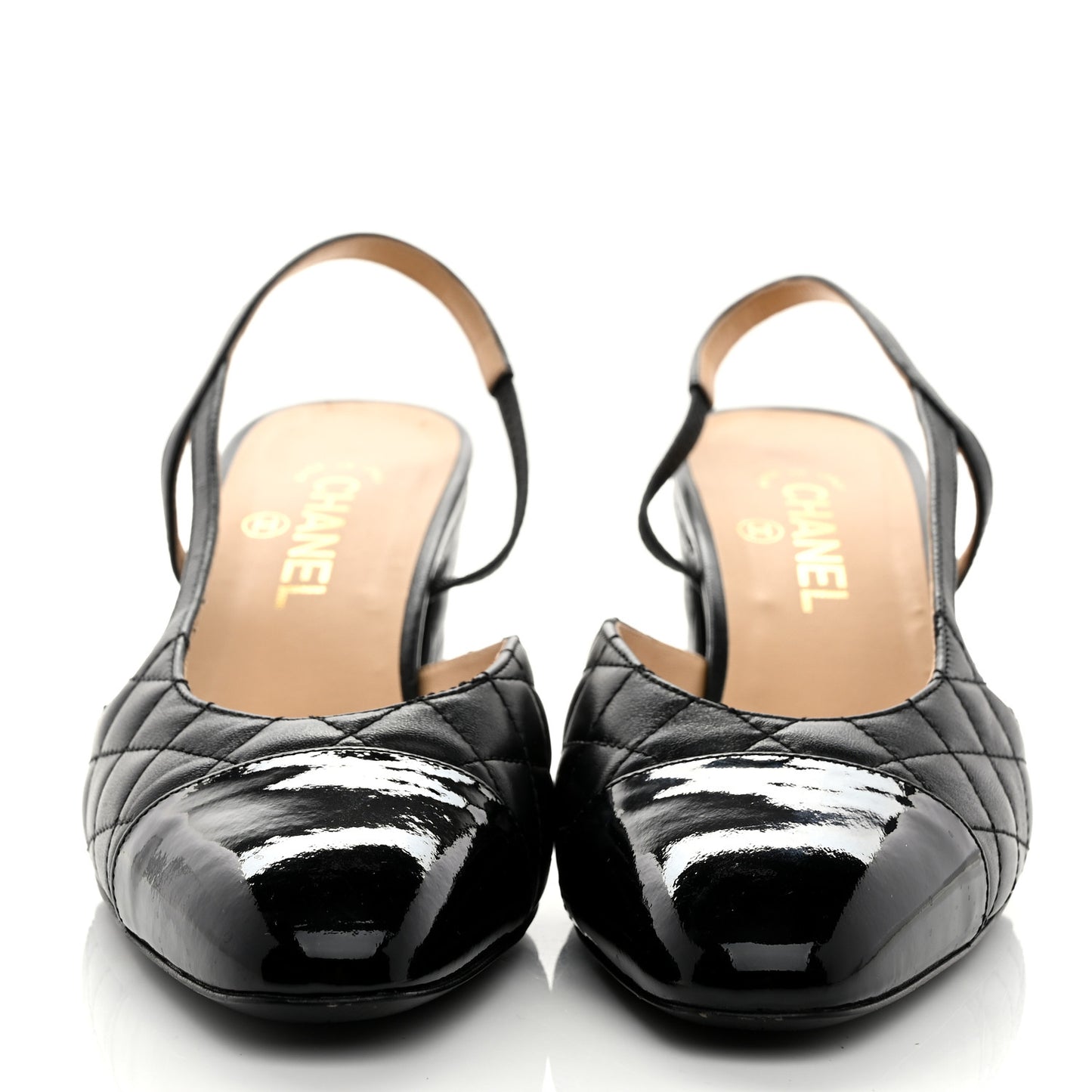 Lambskin Patent Calfskin Quilted Cap Toe CC Slingback Pumps 41 Black