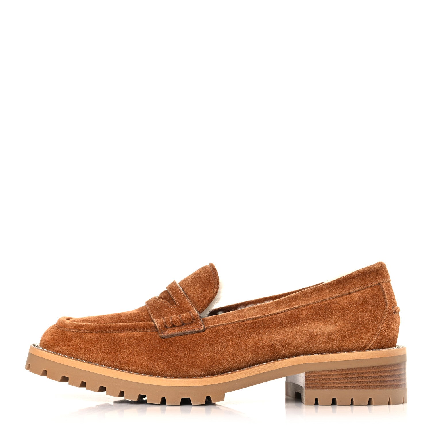 Jimmy Choo Suede Shearling Crystal Deanna Penny Loafers 37.5 Natural Tan 1 of 7