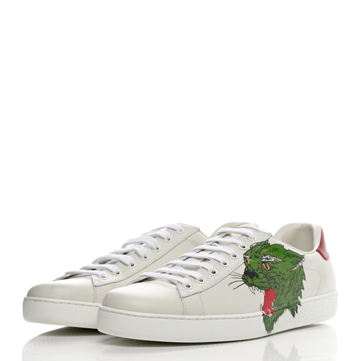 Calfskin Mens Green Panther Print Ace Sneakers 10.5 White