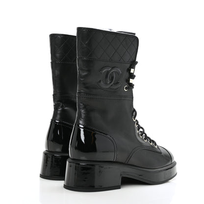 Chanel Calfskin Patent Quilted CC Lace Up Combat Boots 38 Black 4 of 7