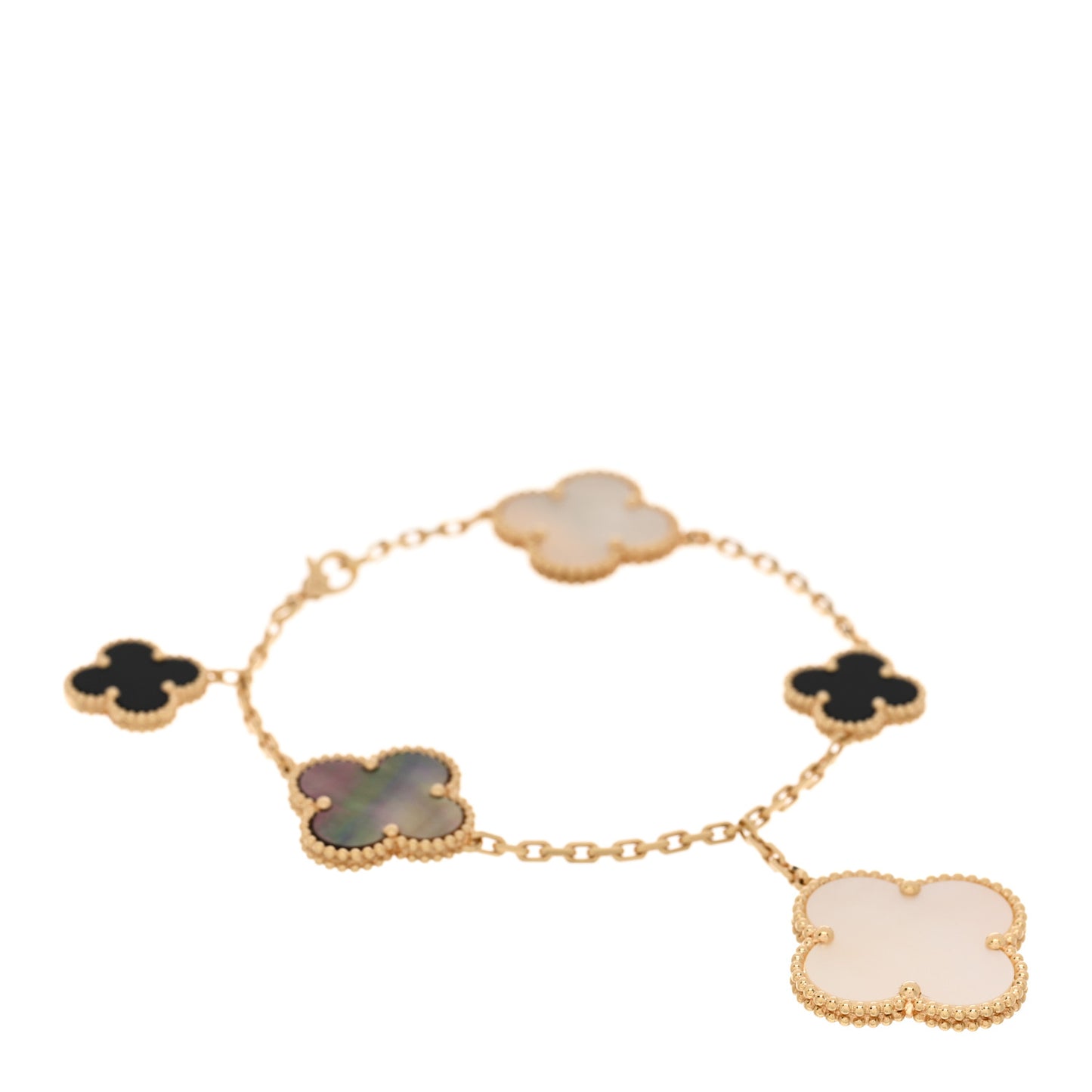 18K Yellow Gold Grey Mother of Pearl Black Onyx 5 Motifs Magic Alhambra Bracelet