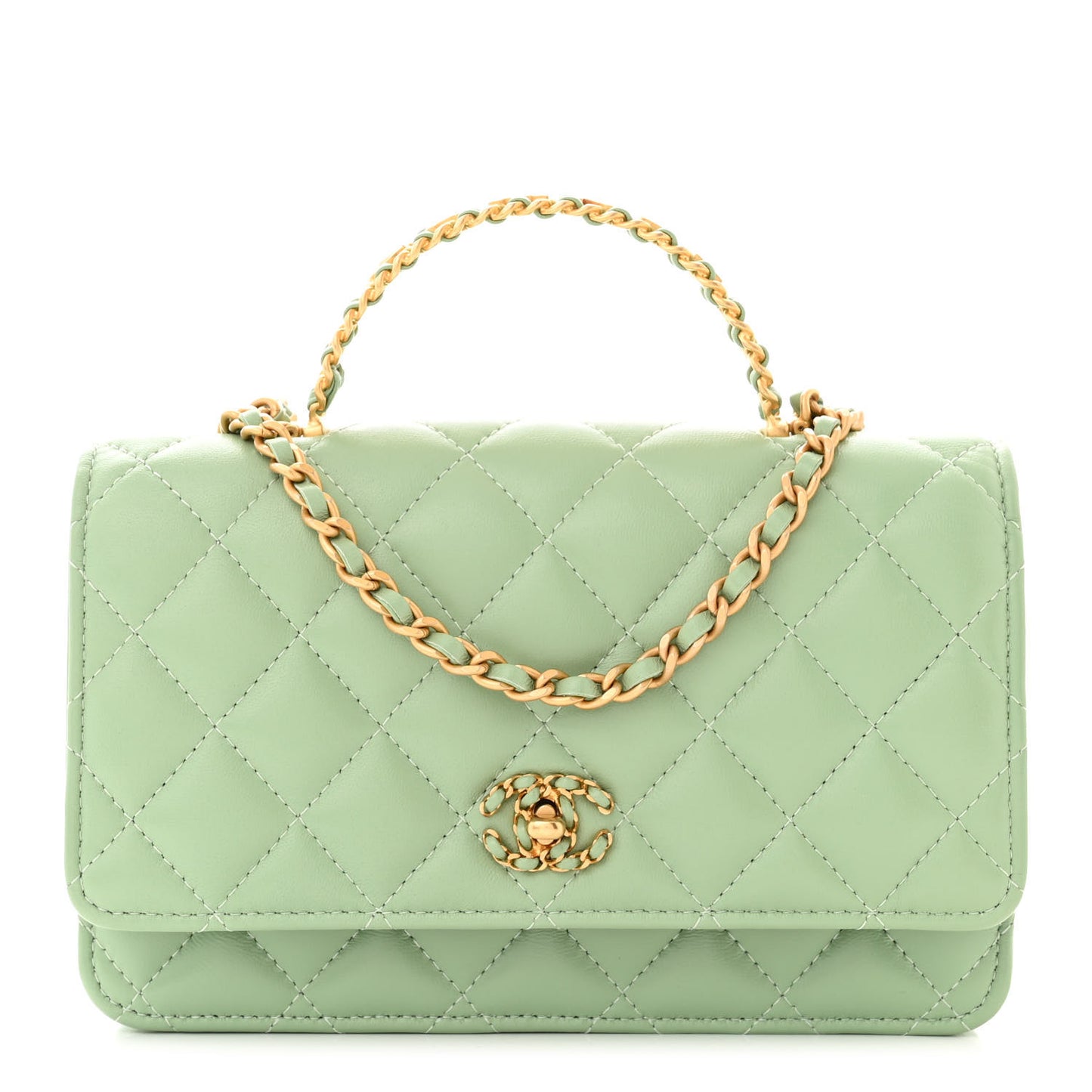 Lambskin Quilted CC Logo Handle Wallet On Chain WOC Light Green