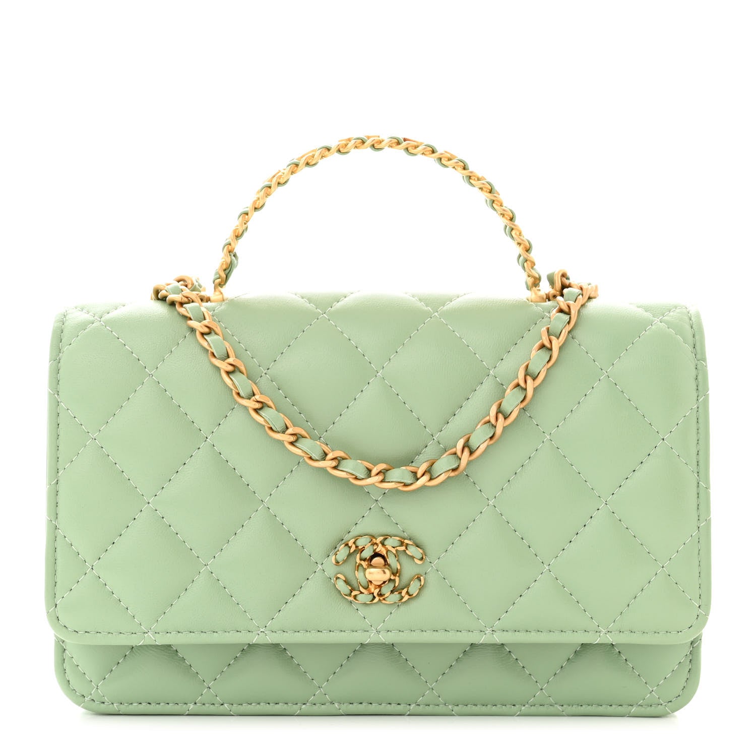 Chanel Lambskin Quilted CC Logo Handle Wallet On Chain WOC Light Green 1 of 12