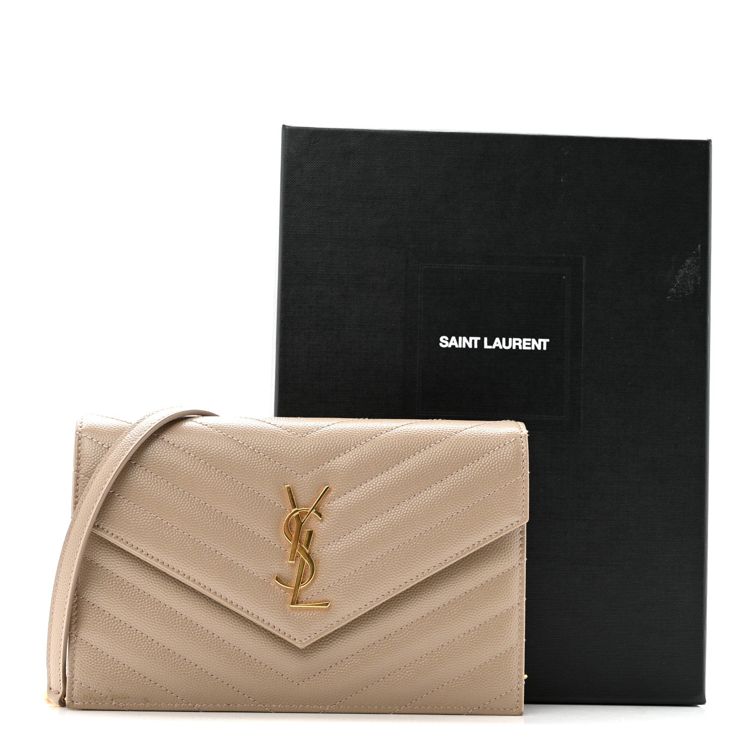 Saint Laurent Grain De Poudre Matelasse Chevron Monogram Envelope Chain Wallet Dark Beige 17 of 17