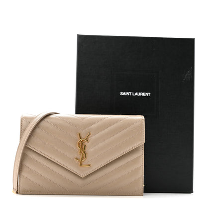 Saint Laurent Grain De Poudre Matelasse Chevron Monogram Envelope Chain Wallet Dark Beige 17 of 17