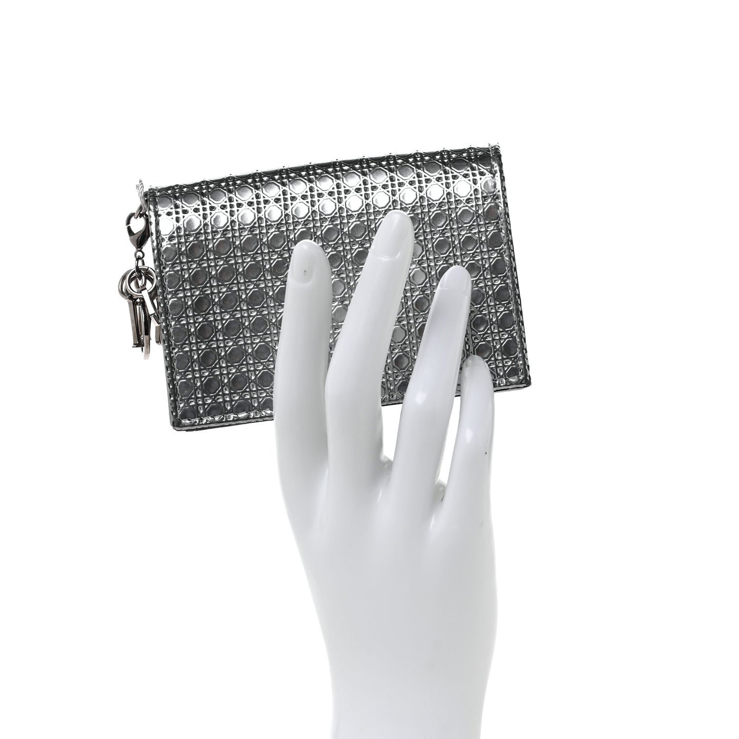 Metallic Patent Micro-Cannage Lady Dior Card Holder Silver