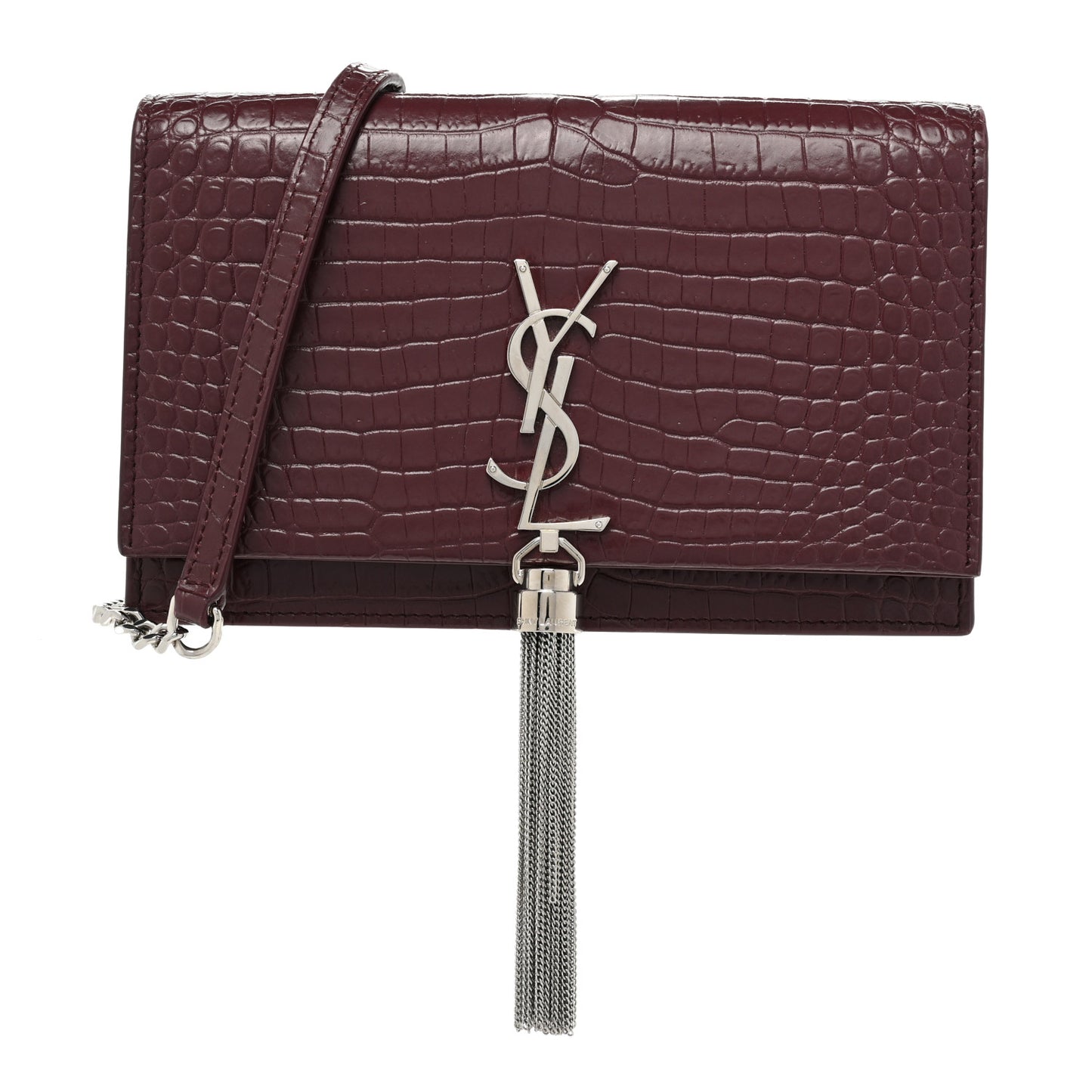 Calfskin Crocodile Embossed Kate Monogram Tassel Chain Wallet Rouge Legion