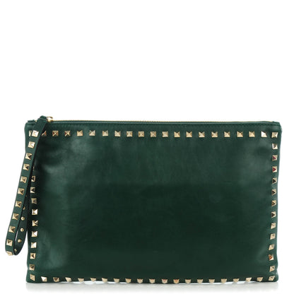 Valentino Garavani Vitello Large Rockstud Zip Wristlet Pouch Green 1 of 8