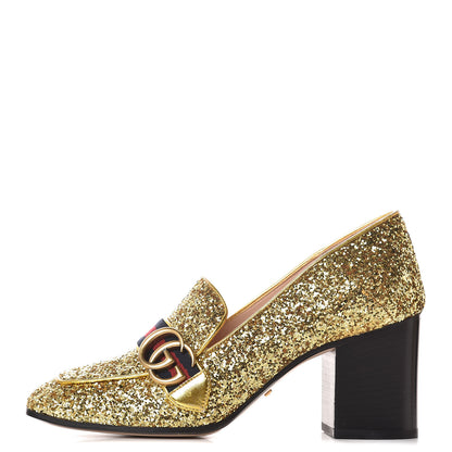 Gucci Glitter Nappa Web Peyton 75mm Loafer Pumps 39 Oro Vecchio 1 of 10