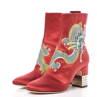 Gucci Silk Satin Malaga Kid Embroidered Candy Dragon Block-Heel Ankle Boot 36 Red 6 of 15