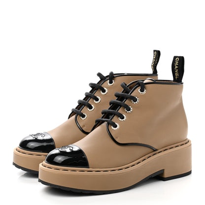 Chanel Calfskin Lace Up CC Short Boots 37 Beige Black 3 of 9