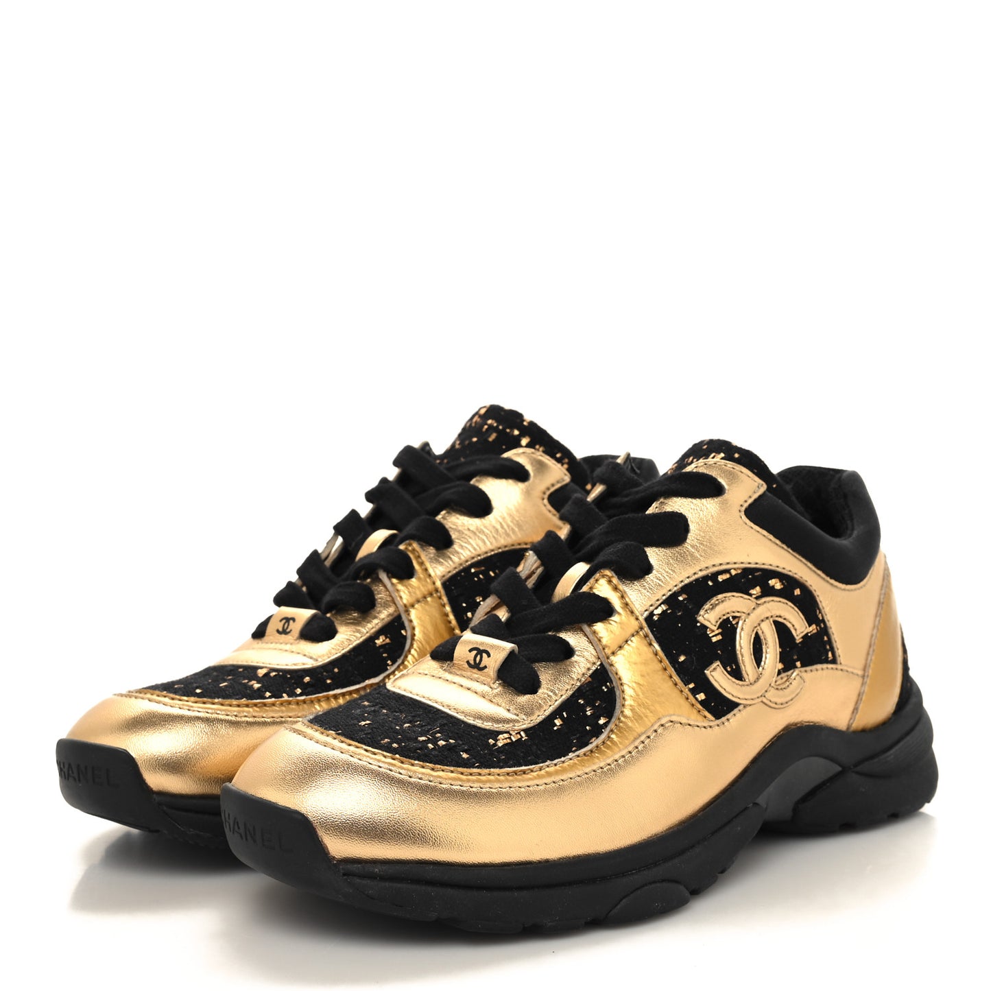 Satin Lambskin Fabric Tweed CC Sneakers 36 Gold Black