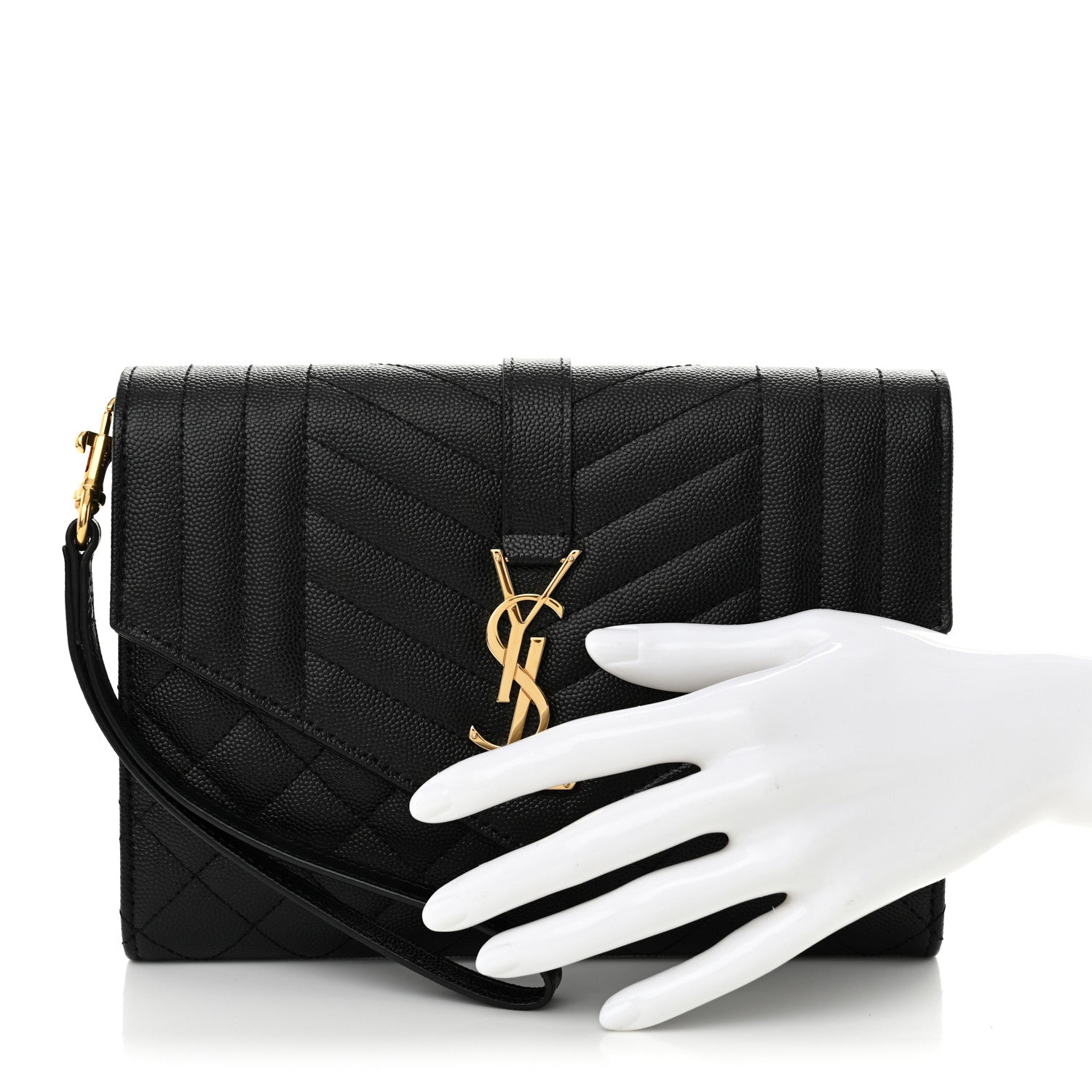 Saint Laurent Grain De Poudre Textured Mixed Matelasse Triquilt Monogram Clutch Black 2 of 14