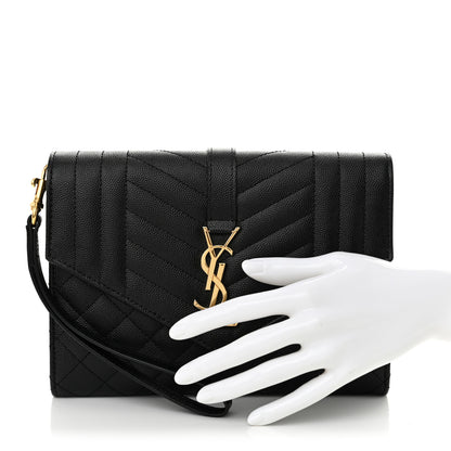 Saint Laurent Grain De Poudre Textured Mixed Matelasse Triquilt Monogram Clutch Black 2 of 14