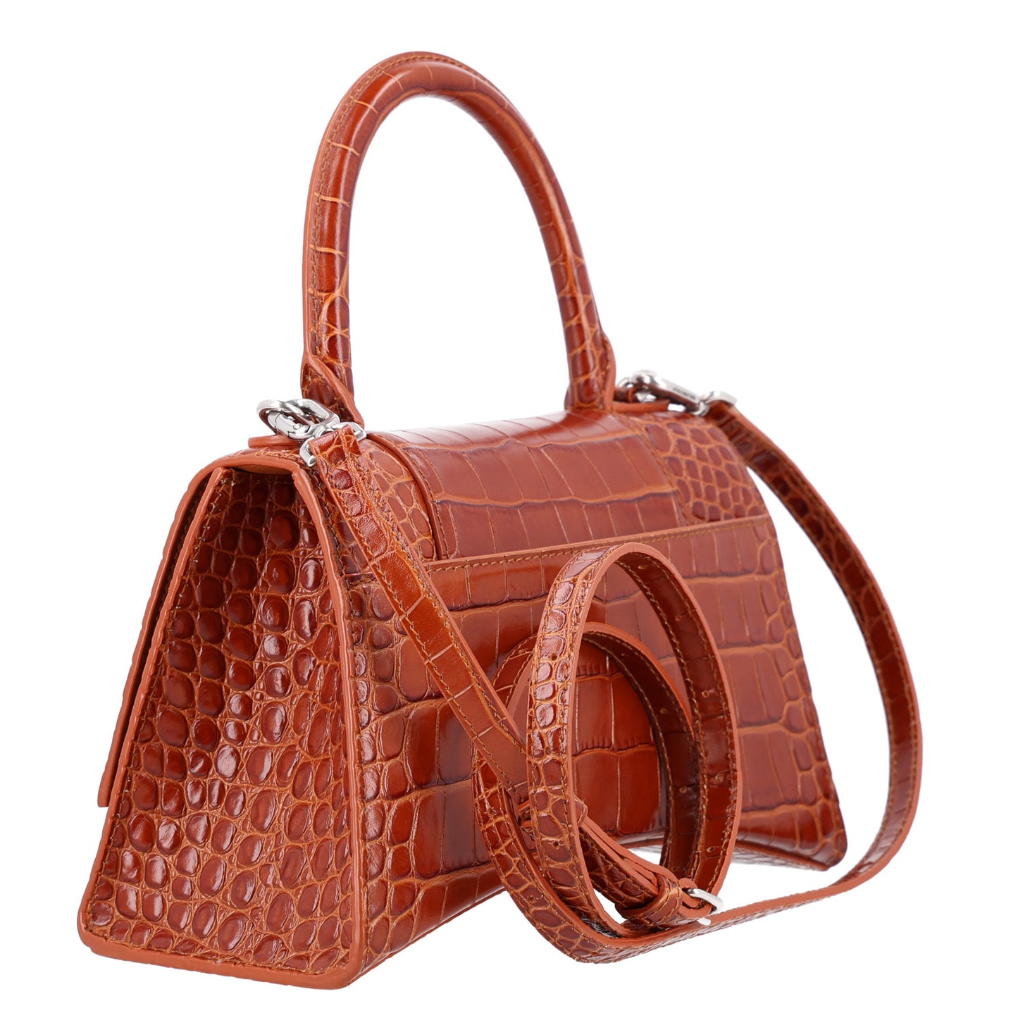 Shiny Calfskin Crocodile Embossed Small Hourglass Top Handle Bag Camel