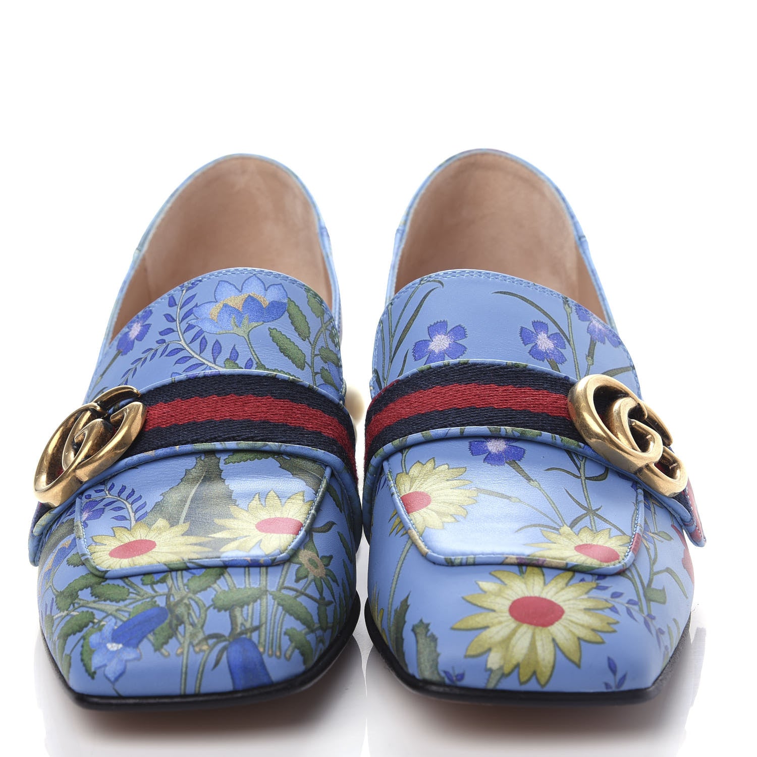 Gucci Apollo Calfskin Web Pearl New Flora Peyton 35mm Loafer Pumps 37.5 Azure 5 of 11