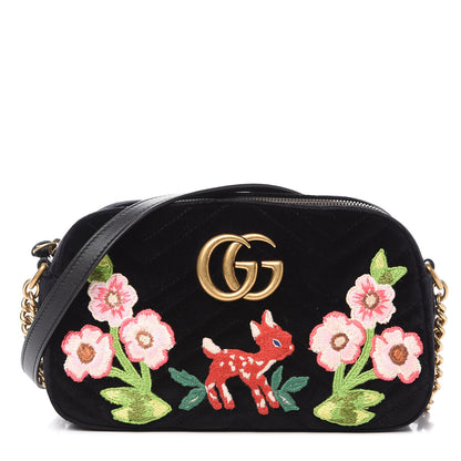 Gucci Velvet Matelasse Deer Embroidered Small GG Marmont Chain Shoulder Bag Black 1 of 10