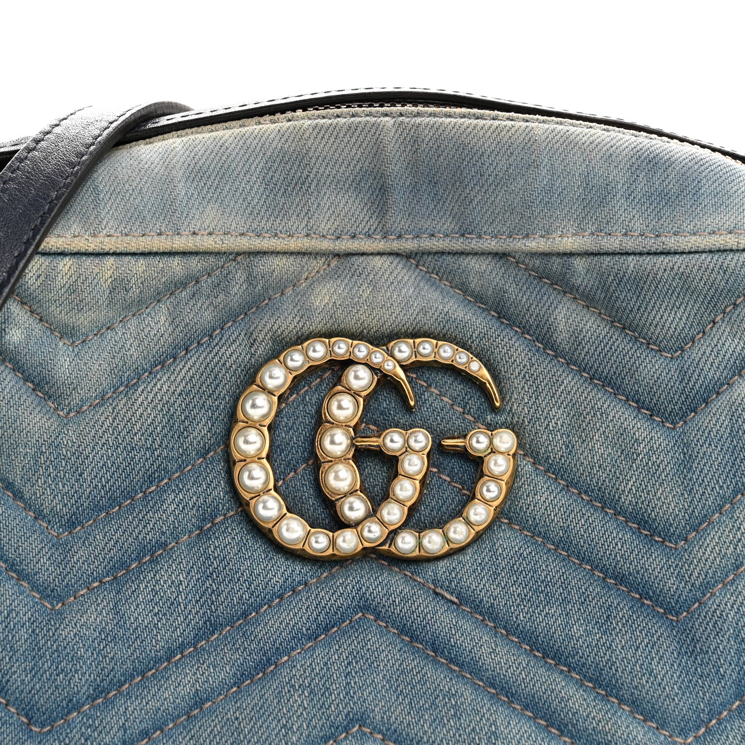 Gucci Denim Matelasse Small Pearly GG Marmont Chain Shoulder Bag Blue 8 of 16