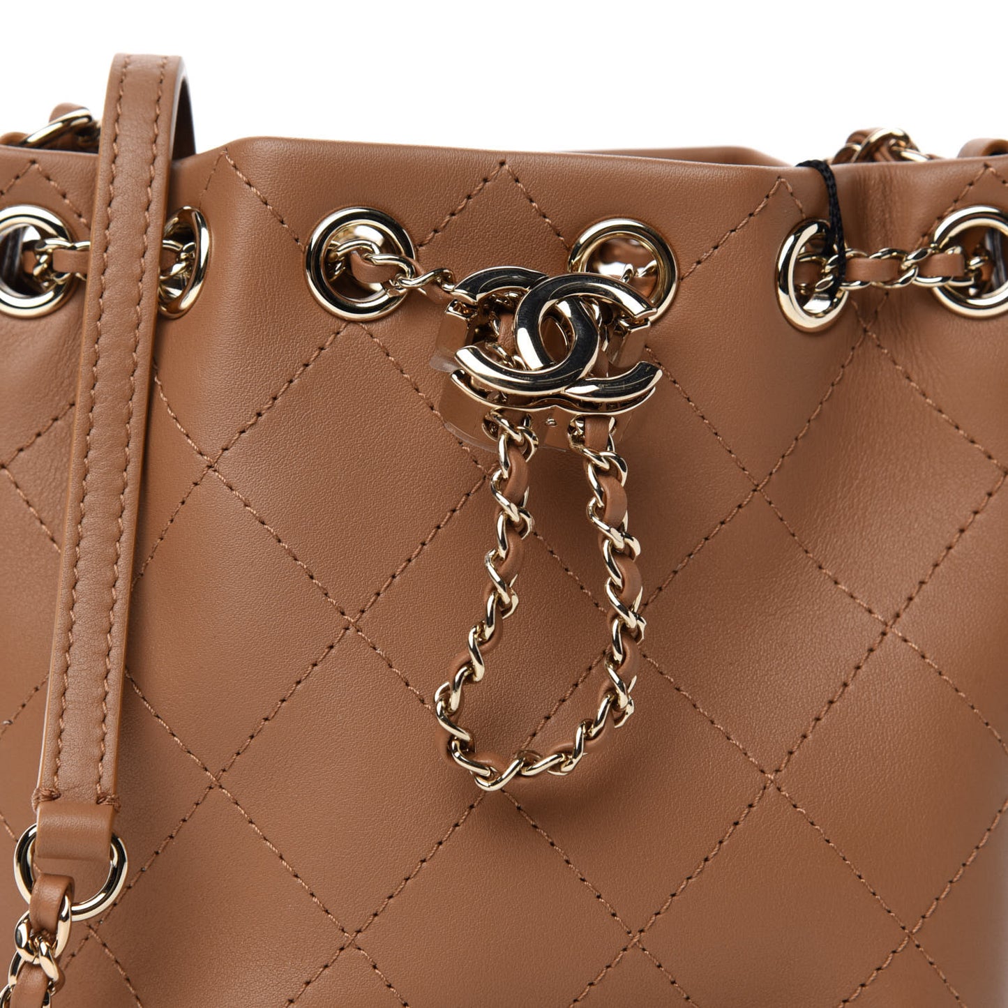 Calfskin Stitched Chain Bucket Bag Beige