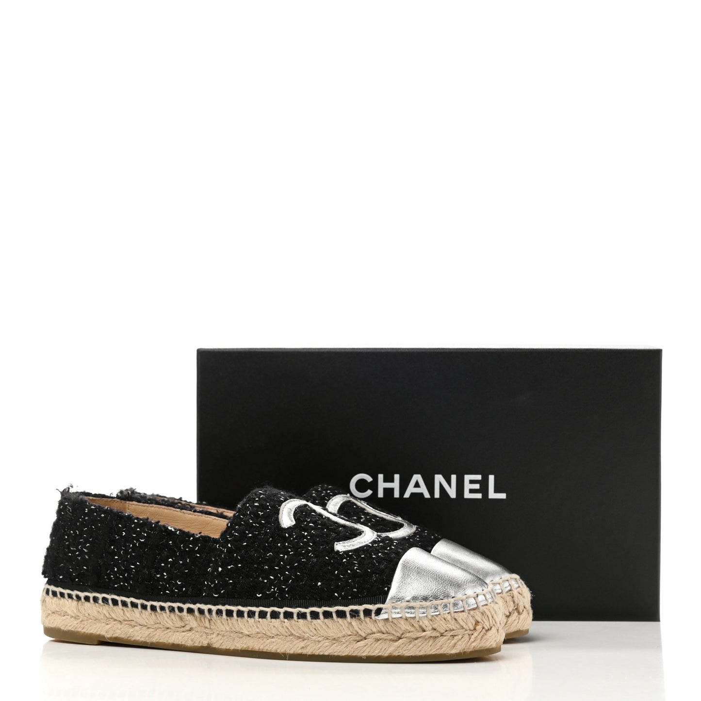 Metallic Lambskin Tweed CC Espadrilles 39 Black Silver