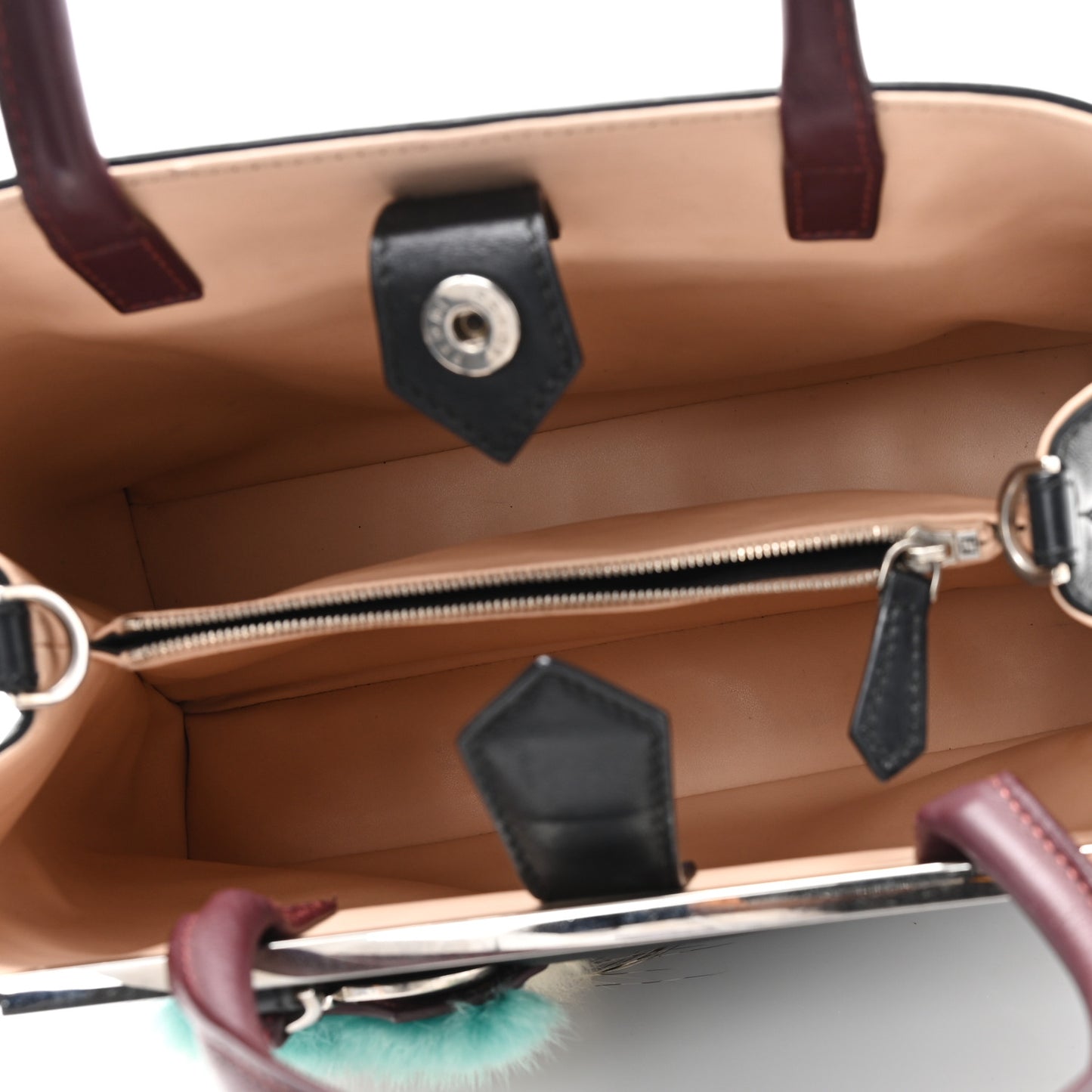 Vitello Dolce Fox Mink Bi-Color Monster Mirror Charm Petite 2Jours Tote Black Bordeaux Acquamarine