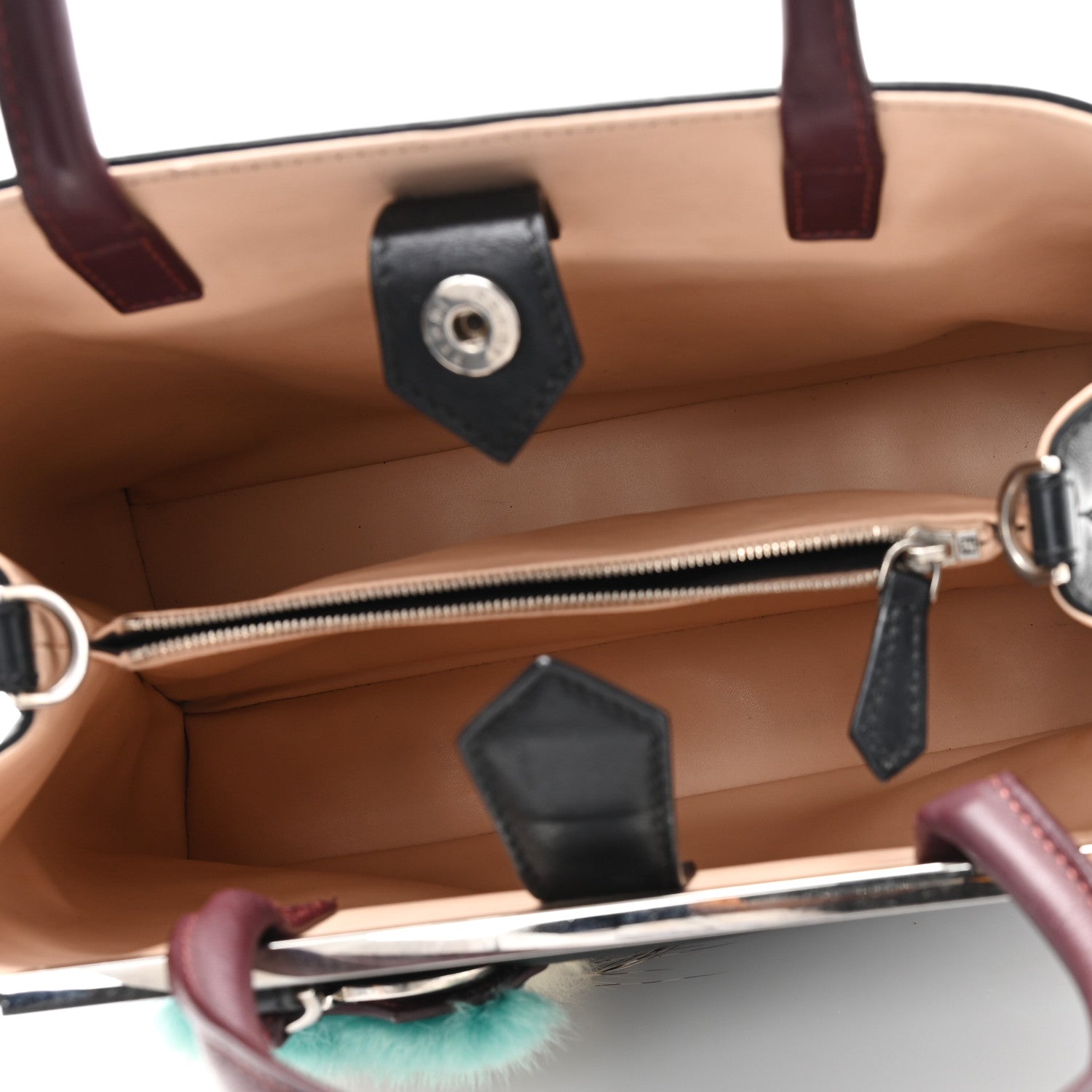 Fendi Vitello Dolce Fox Mink Bi-Color Monster Mirror Charm Petite 2Jours Tote Black Bordeaux Acquamarine 5 of 11