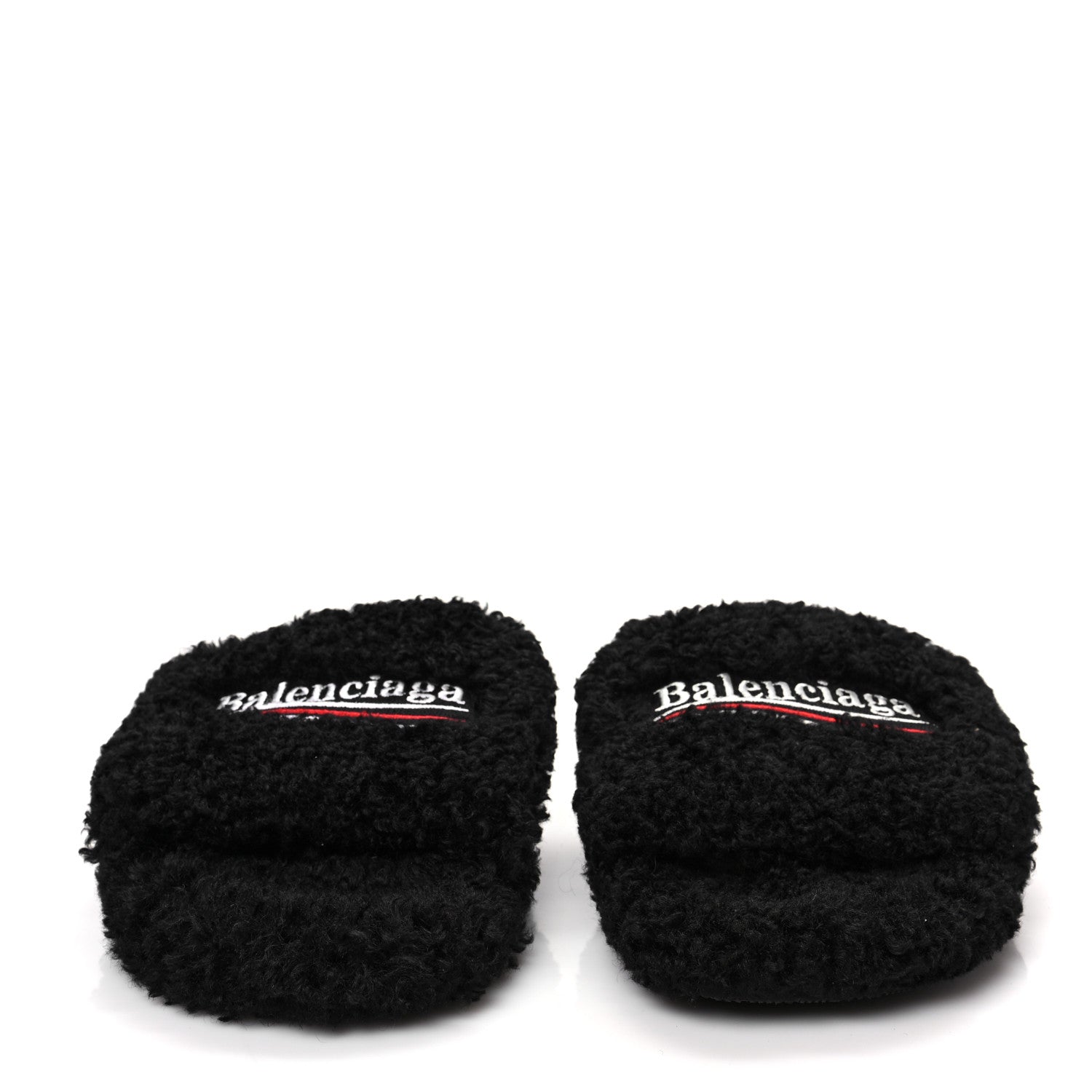 Balenciaga Faux Shearling Political Campaign Logo Slide Sandals 41 Black White Red 2 of 6