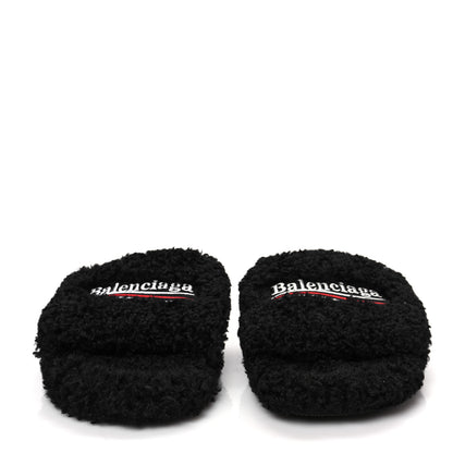 Balenciaga Faux Shearling Political Campaign Logo Slide Sandals 41 Black White Red 2 of 6