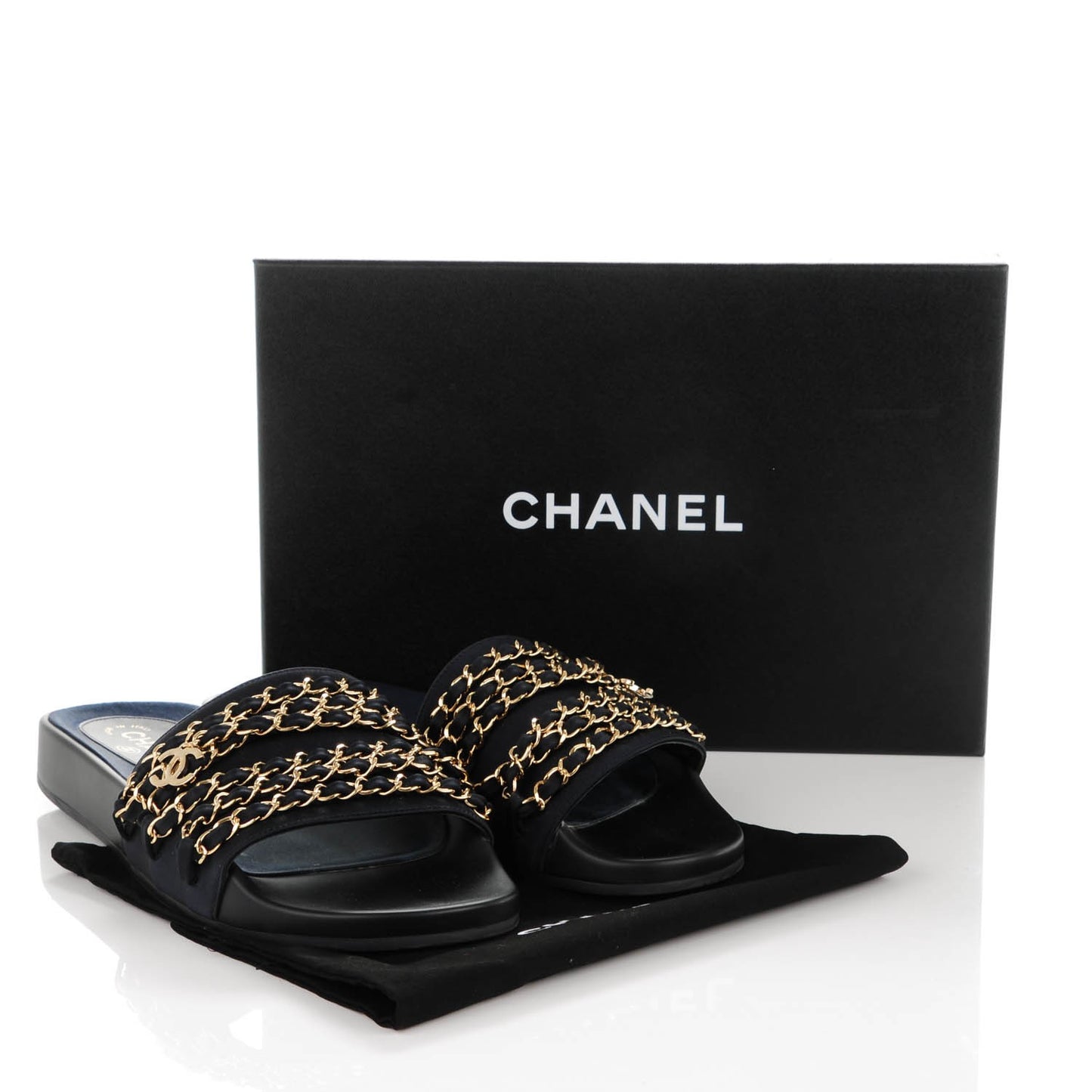 Lambskin Canvas Chain Flat Sandals 40 Navy