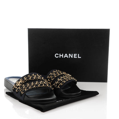 Chanel Lambskin Canvas Chain Flat Sandals 40 Navy 8 of 8