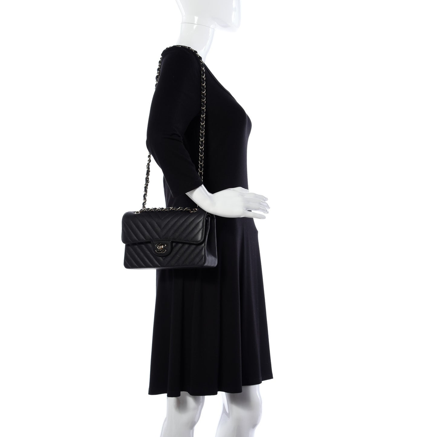 Caviar Chevron Quilted Small Double Flap Black