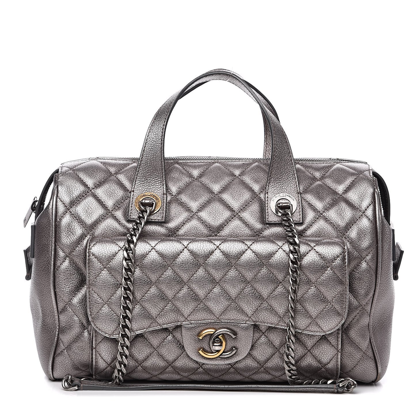 Metallic Grained Calfskin Quilted Large Casual Pocket Bowling Bag Silver