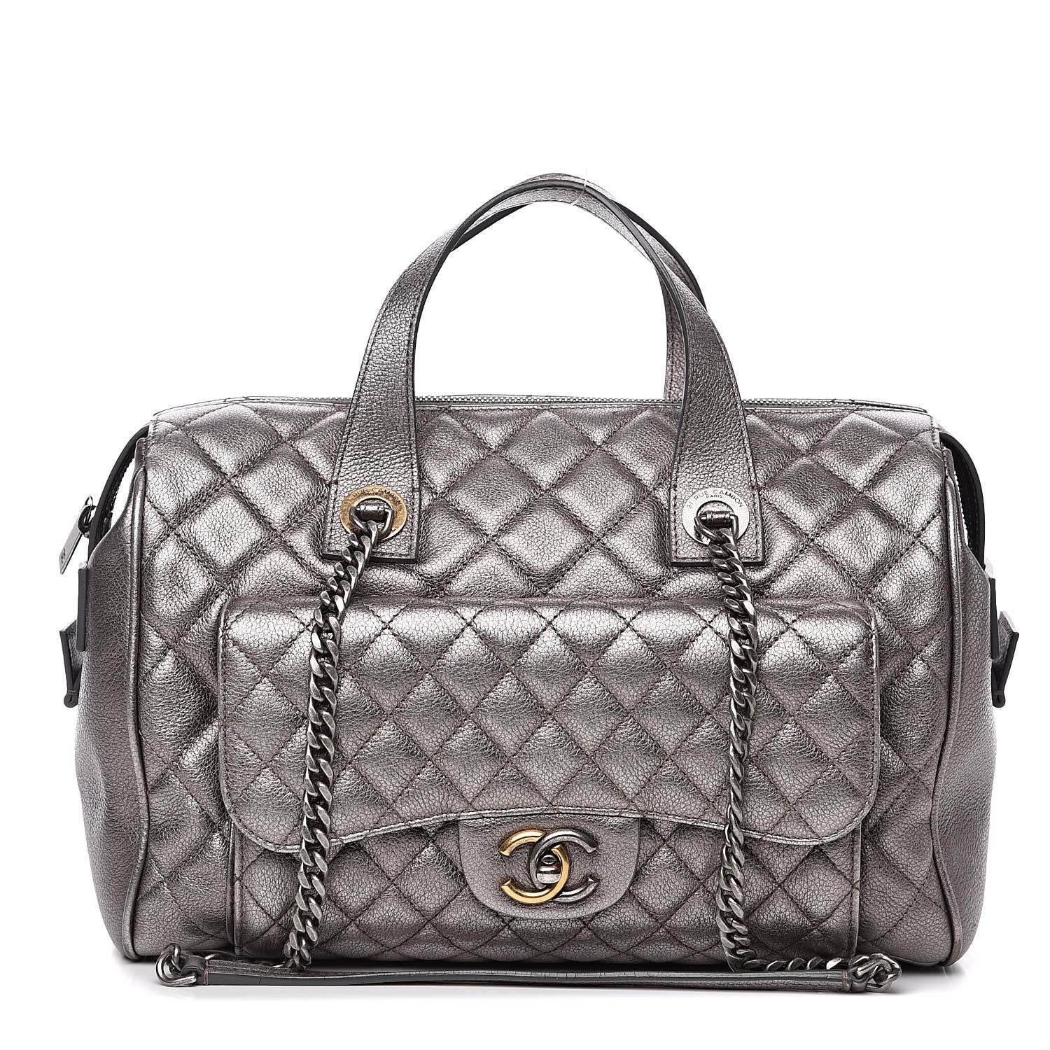 Chanel Metallic Grained Calfskin Quilted Large Casual Pocket Bowling Bag Silver 1 of 12