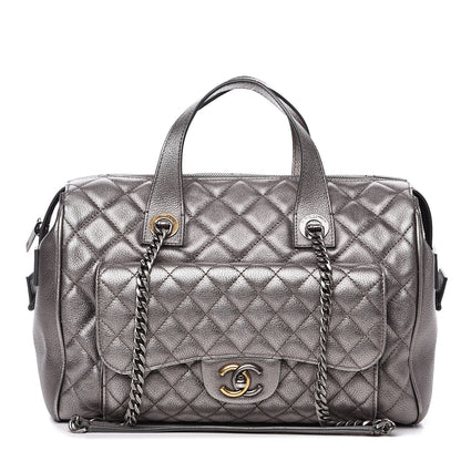 Chanel Metallic Grained Calfskin Quilted Large Casual Pocket Bowling Bag Silver 1 of 12